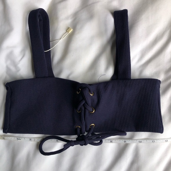 Navy Ribbed Lace Up String Bikini Set - Picture 2 of 5